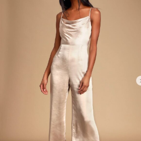 NWT: Perfect Night Champagne Satin Cowl Neck Culotte Jumpsuit (Lush) - Picture 2 of 6